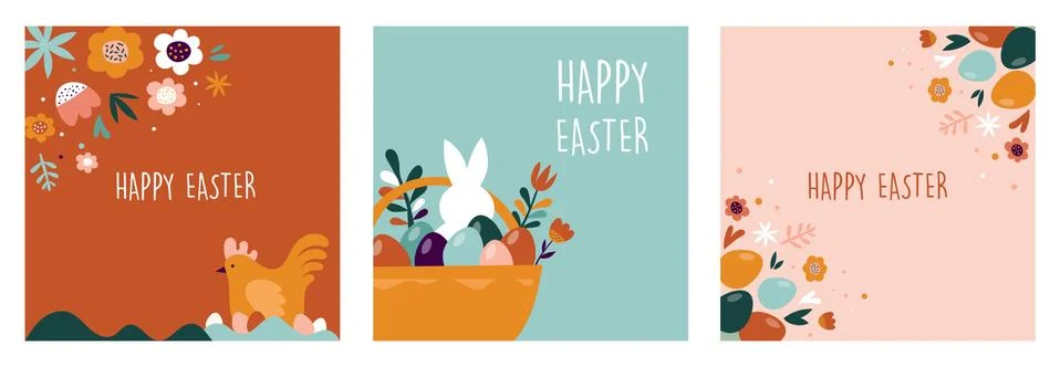 Boho Easter concept design, bunnies, eggs, flowers and rainbows in pastel and Stock Illustration