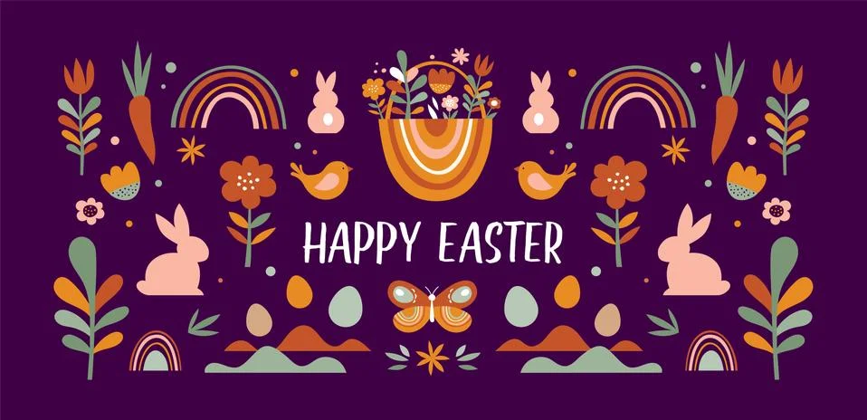 Boho Easter concept design, bunnies, eggs, flowers and rainbows in pastel and Stock Illustration