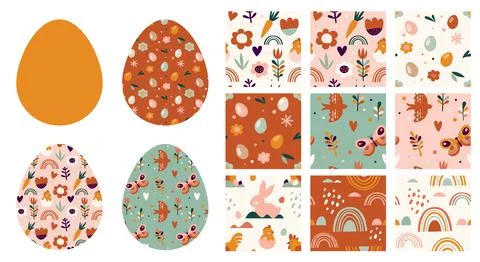 Boho Easter concept design, seamless patterns and bunnies, eggs, flowers and Stock Illustration