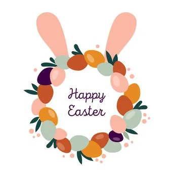 Boho Easter concept design, wreath with bunny ears, eggs and flowers in pastel Stock Illustration