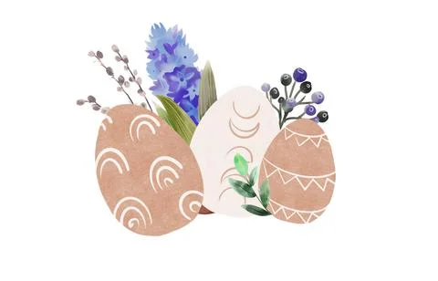 Boho Easter spring eggs with blossom, greeting cards with eggs and flowers in Stock Illustration