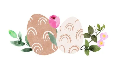 Boho Easter spring eggs with blossom, greeting cards with eggs and flowers in Stock Illustration