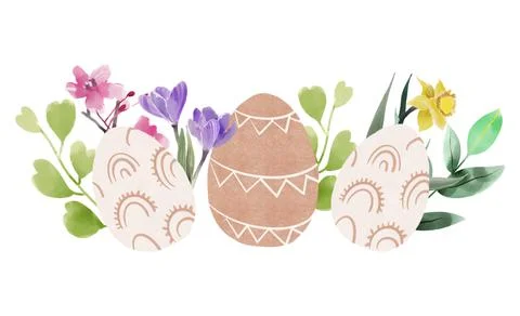 Boho Easter spring eggs with blossom, greeting cards with eggs and flowers in Stock Illustration