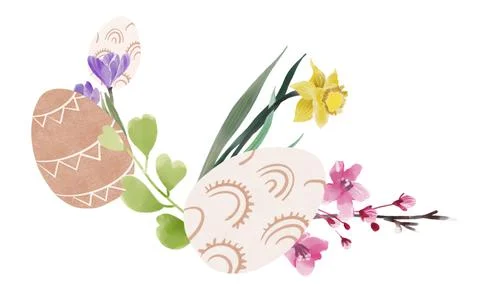 Boho Easter spring eggs with blossom, greeting cards with eggs and flowers in Stock Illustration