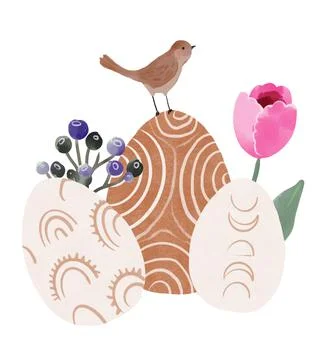 Boho Easter spring eggs with blossom, greeting cards with eggs and flowers in Stock Illustration