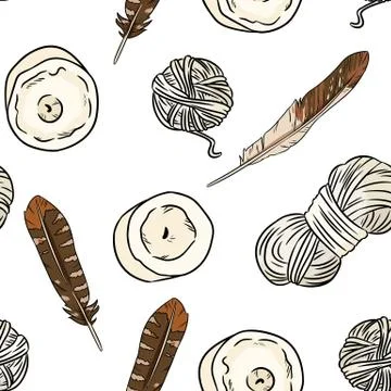 Boho elements, feathers, candles, cotton threads seamless pattern. Cozy lagom Illustrazione stock