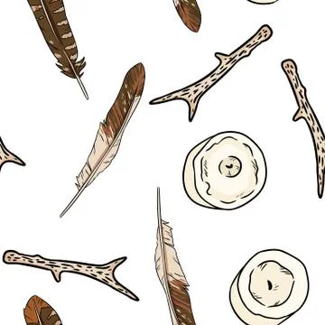 Boho elements, feathers, candles, rustic sticks seamless pattern. Cozy lagom Illustrazione stock