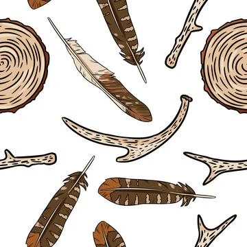 Boho elements, rustic sticks, wooden cut sections and feathers seamless patte 스톡 일러스트