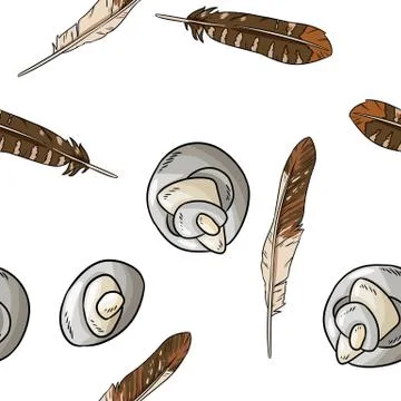 Boho elements, sea pebble and feathers seamless pattern. Vector wallpaper. Co Stock Illustration