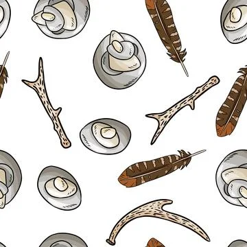 Boho elements, sea pebble, rustic sticks and feathers seamless pattern. Vecto Illustrazione stock