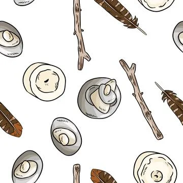 Boho elements, sea pebble, rustic sticks, candles and feathers seamless patte Illustrazione stock