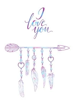 Boho elements. Vector illustration with feathers, arrow and chains. Illustrazione stock