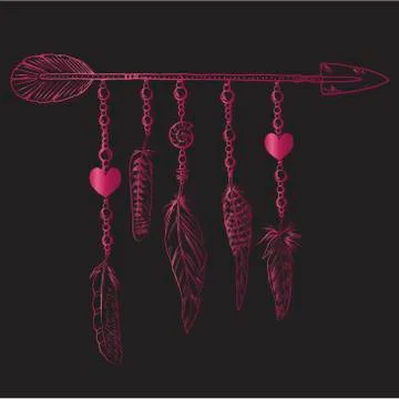 Boho elements. Vector illustration with feathers, arrow and chains. Illustrazione stock