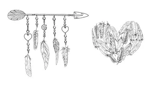Boho elements. Vector illustration with feathers and arrow. Heart of feather. Stock Illustration