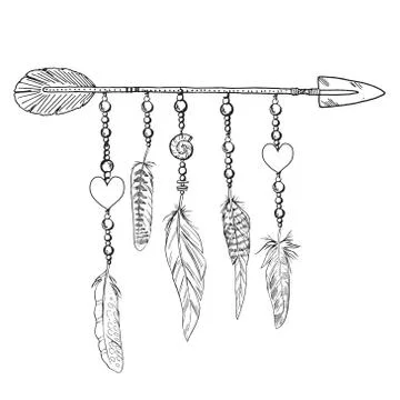 Boho elements. Vector illustration with feathers, arrow and chains. Illustrazione stock