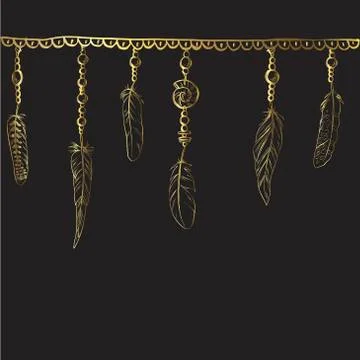 Boho elements. Vector illustration with feathers, chain and jewels in a gold  Illustrazione stock
