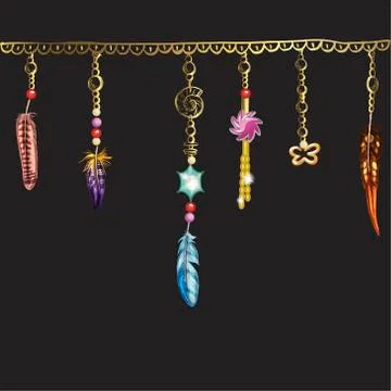 Boho elements. Vector illustration with feathers, chain and jewels . Ornament Stock Illustration