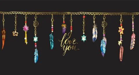 Boho elements. Vector illustration with feathers, chain and jewels . Letterin イラスト素材
