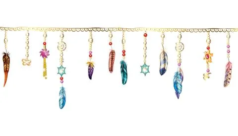 Boho elements. Vector illustration with feathers, chain and jewels . Ornament Illustrazione stock