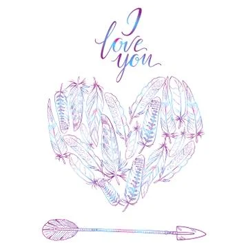 Boho elements. Vector illustration Heart of feathers and arrow. Illustrazione stock