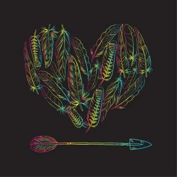 Boho elements. Vector illustration Heart of feathers and arrow. Ornamental bi Stock Illustration