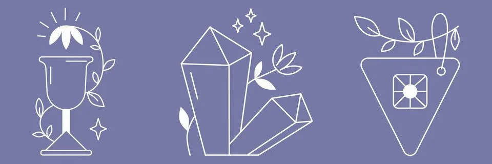 Boho elements. White line goblet, magic crystals and label with leaves. minimal Illustrazione stock