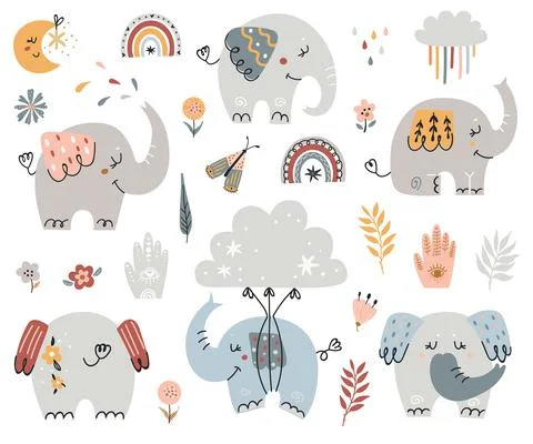 Boho elephants Collection. Stock Illustration