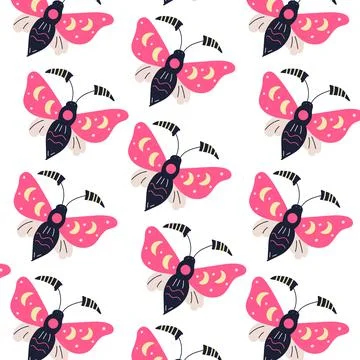 Boho esoteric moth pattern in line art style. Floral seamless background. Animal 스톡 일러스트