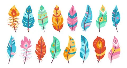 Boho feather cartoon set bird ethnic bohemian Stock Illustration