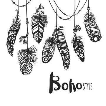 Boho feather hand drawn effect vector style illustration イラスト素材