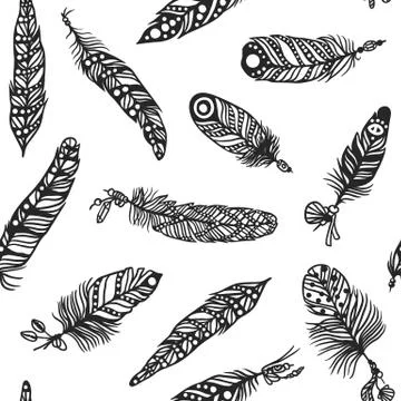 Boho feather hand drawn effect vector style seamless pattern illustration Stock Illustration