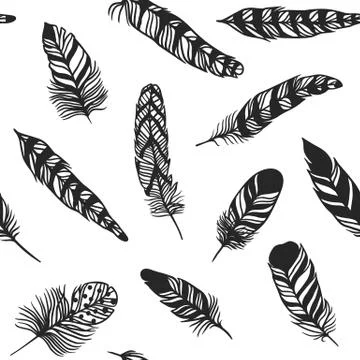 Boho feather hand drawn effect vector style seamless pattern illustration Illustrazione stock