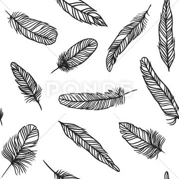 Boho feather hand drawn effect vector style seamless pattern illustration 库存插图
