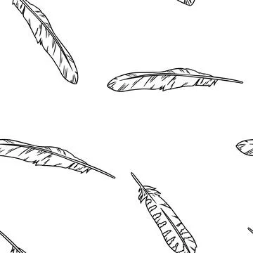 Boho feathers doodle black lineart seamless pattern. Freehand owl or hawk qui Illustrazione stock