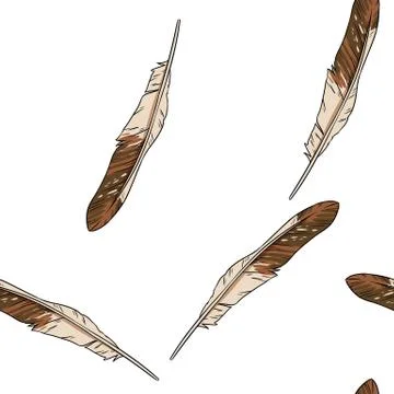 Boho feathers doodle seamless pattern. Freehand owl or hawk quill background. Illustrazione stock