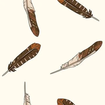 Boho feathers doodle seamless pattern. Freehand owl or hawk quill background. Stock Illustration
