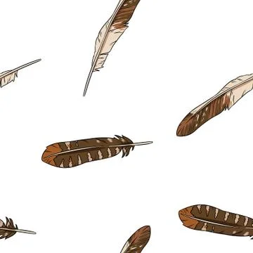 Boho feathers doodle seamless pattern. Freehand owl or hawk quill background. Illustrazione stock
