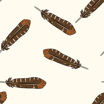 Boho feathers doodle seamless pattern. Freehand owl or hawk quill background. Illustrazione stock
