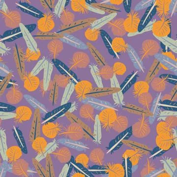 Boho feathers seamless vector pattern on lilac Stock Illustration