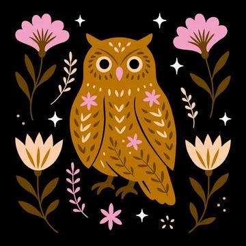 Boho Folk Art Owl Vector Illustration on Dark Background 스톡 일러스트