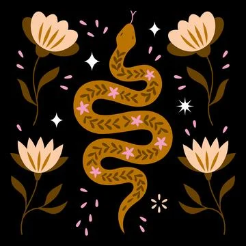Boho Folk Art Snake Vector Illustration on Dark Background 스톡 일러스트