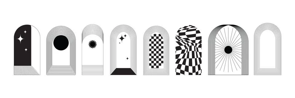 Boho frame arch set, line mystic vintage border, minimal modern star arch Stock Illustration