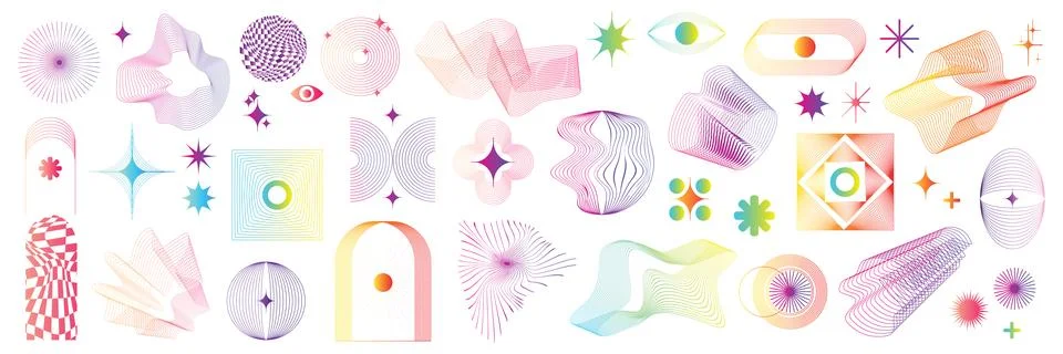 Boho gradient abstract shape set, vector futuristic wavy line objects Stockillustratie