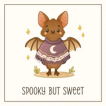 Boho halloween bat card with quote spooky but sweet Stock Illustration