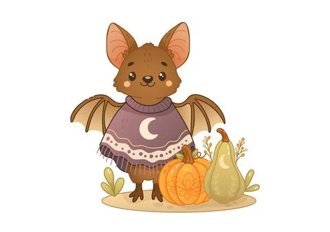 Boho Halloween bat with pumpkin and gourd Stock Illustration