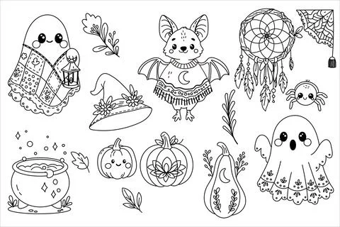 Boho halloween coloring sheet with ghost bat pumpkin and more Stock Illustration