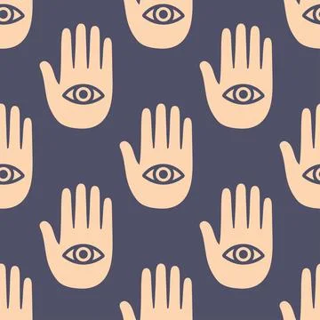 Boho hamsa hand with eye seamless pattern on dark background Stock Illustration