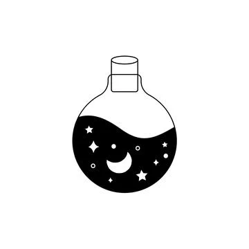 Boho hand drawn magic logo. Minimal bohemian mystic linear moon stars bottle Stock Illustration