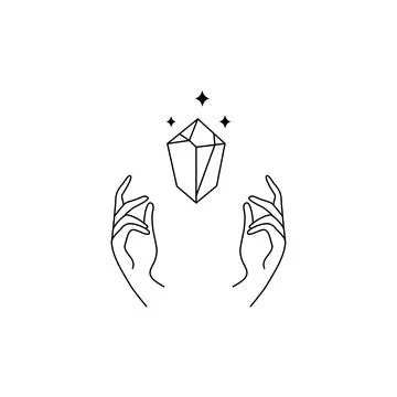 Boho hand drawn magic logo. Minimal bohemian mystic line hands hold diamond Stock Illustration