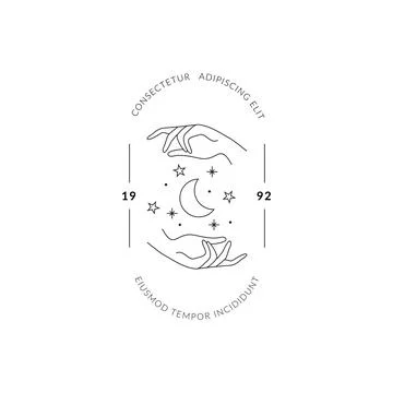 Boho hand drawn magic logo. Minimal bohemian mystic linear hands moon stars Stock Illustration